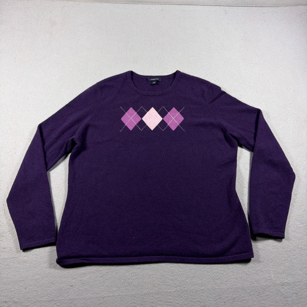 Lands End Cashmere Sweater Women XL Argyle Crewneck Purple Preppy Classic Luxury